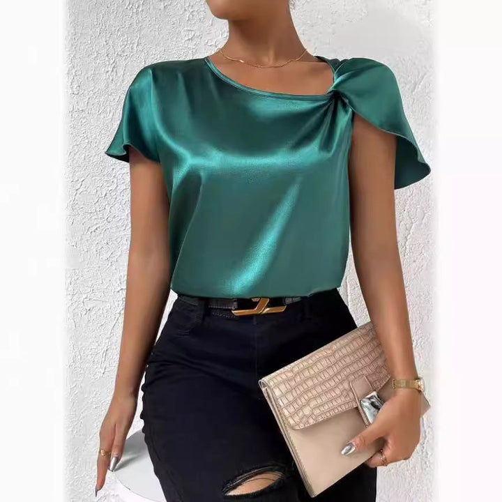 Chic women's solid t-shirt with elegant front twist knot detail & round neck for a fashionable look.