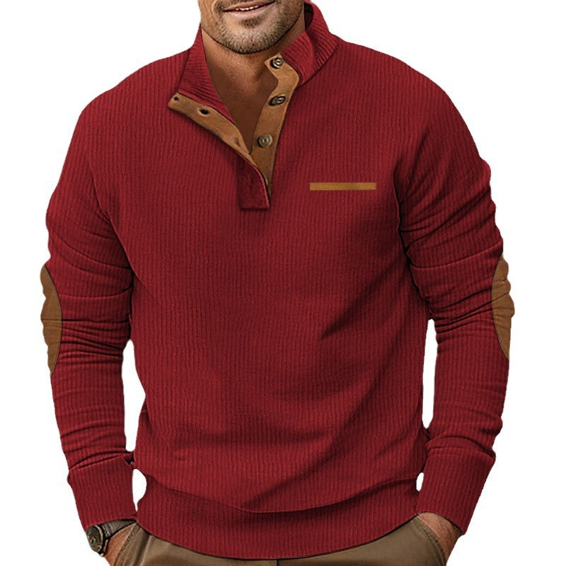 Modern men's zip-up sweater, fine gauge knit, subtle faux leather collar detail, smart casual style.