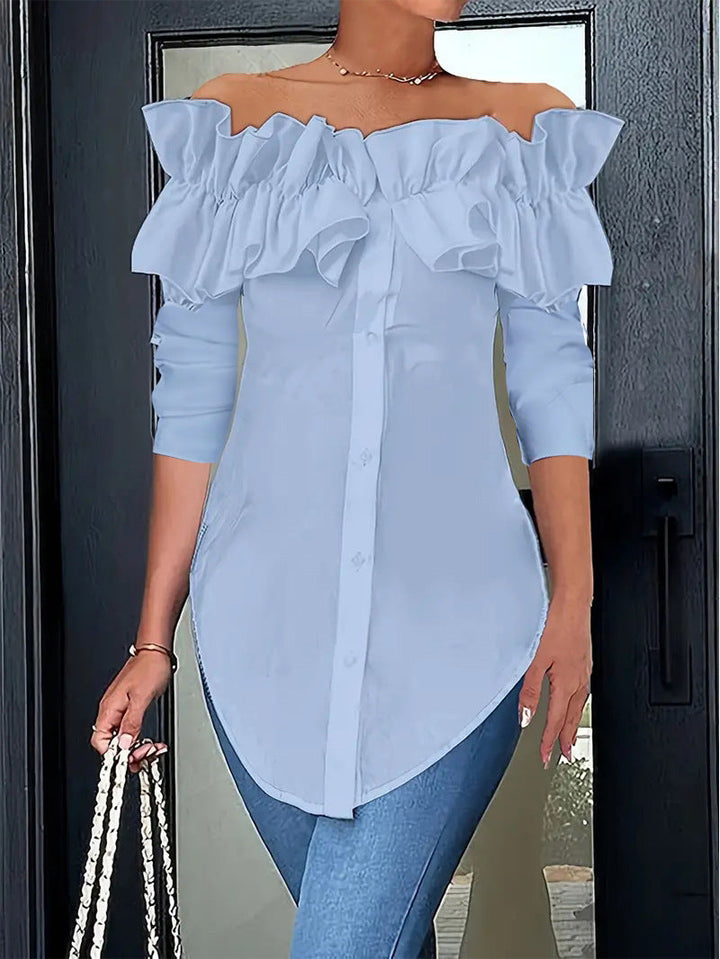 Unique women's elegant off-shoulder top with ruffle details and a functional button placket. Versatile summer blouse.