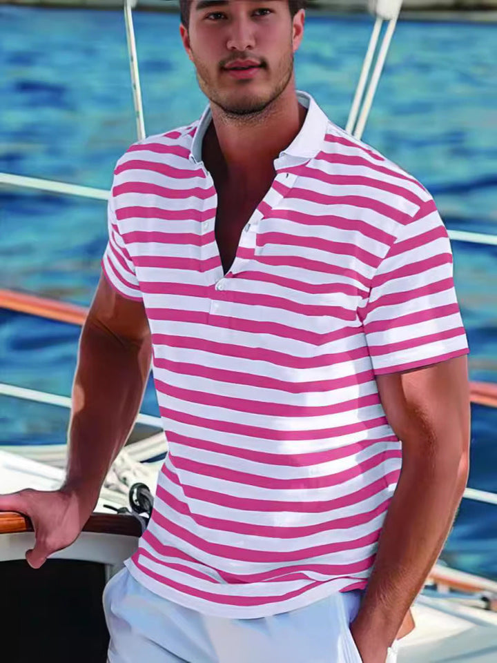 Nautical style men's striped polo, stand-up collar. Ideal short sleeve top for a casual summer look.