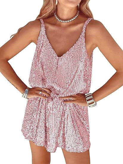Stylish women's shimmering jumpsuit, deep V-neckline, and elastic waist, for a dazzling, festive appearance.