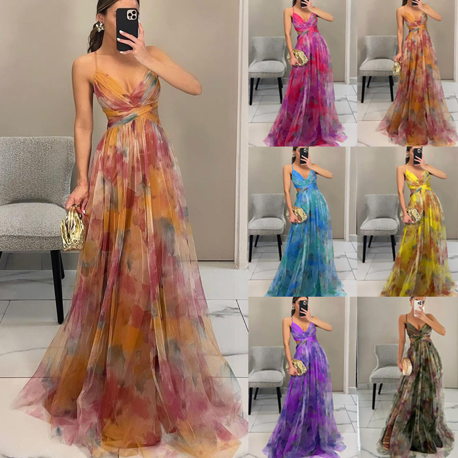 Elegant women's floral maxi evening dress with spaghetti straps, perfect for parties & special occasions.