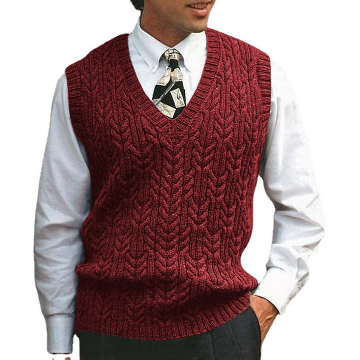Stylish men's cable knit vest, a sleeveless v-neck layering piece for smart casual outfits.