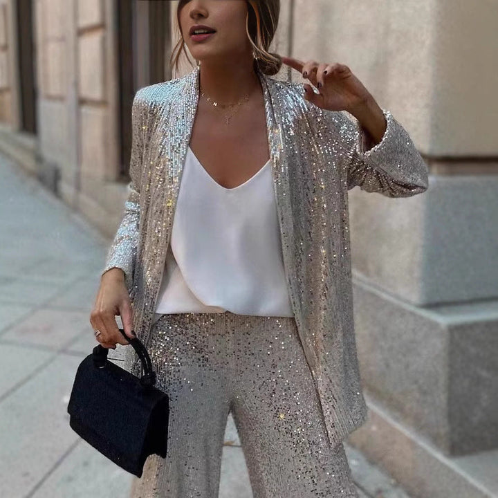 Stunning women's sequin suit, perfect for special occasions, parties, and glamorous evening events.