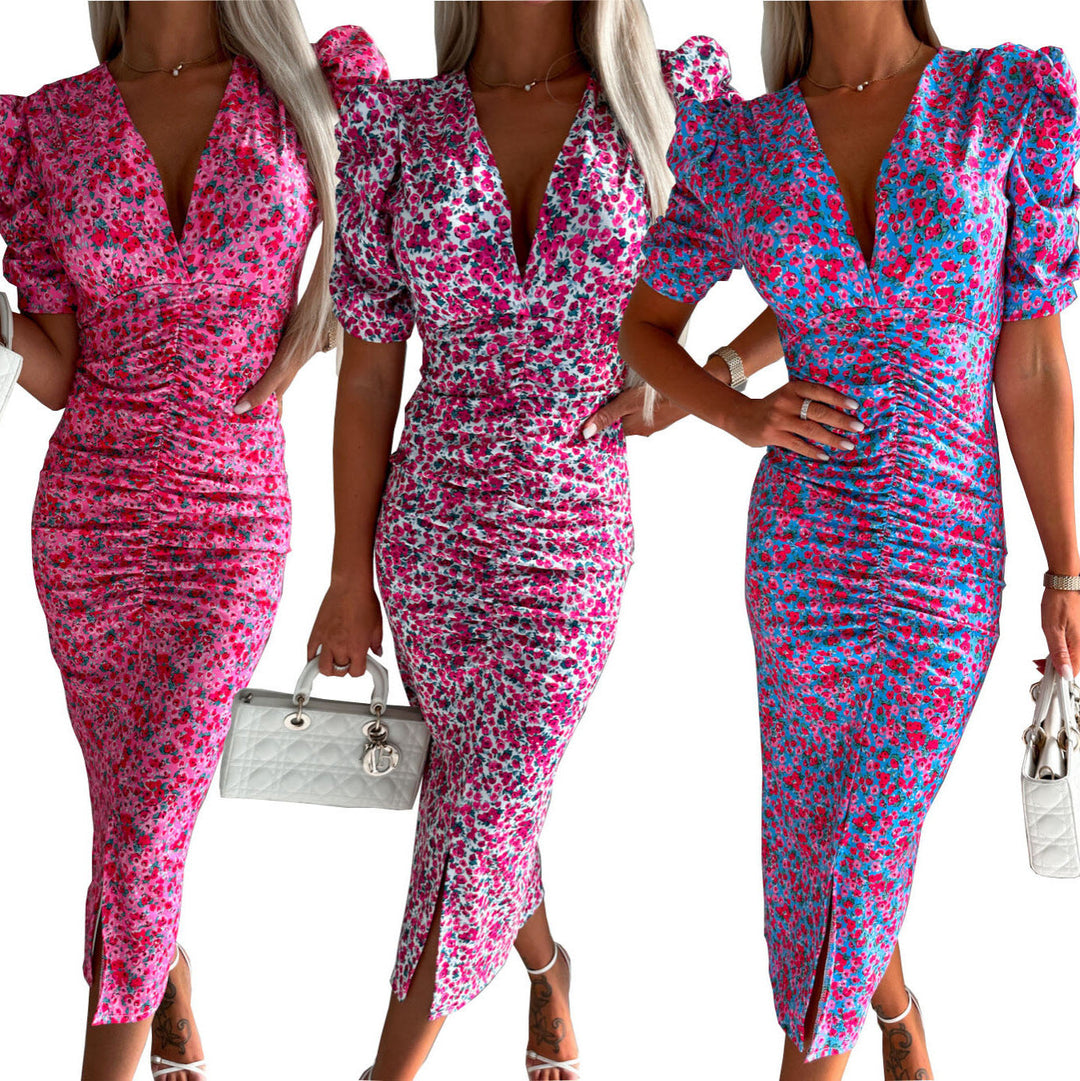 Elegant women's gathered midi dress with side slit & puff sleeves. Perfect for parties & cocktails.