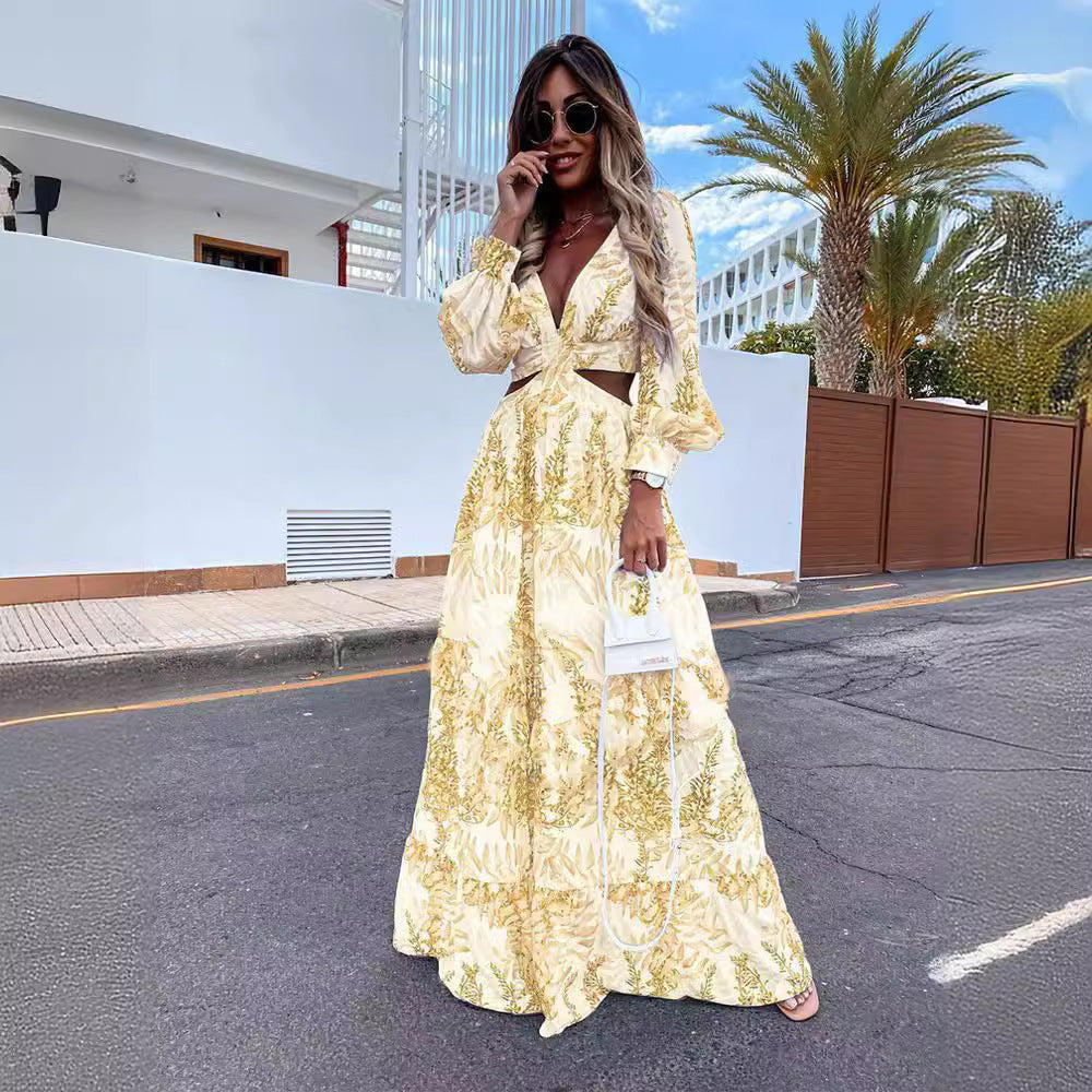 Elegant V-neck maxi dress for women with ruffled hem. Perfect for summer parties & casual wear.