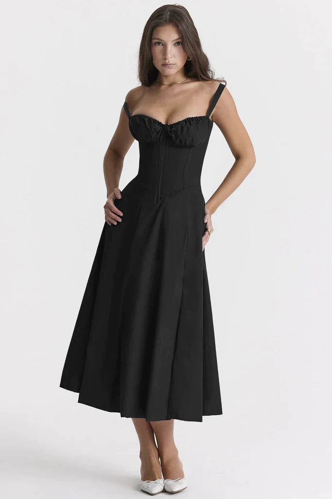 Women's party floral midi dress, elegant and comfortable with a heart neckline. Bustier style.