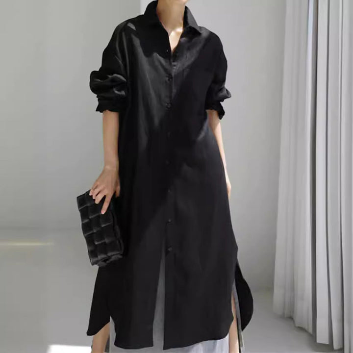 Effortless women's button-down shirt dress with side slits; a comfortable & stylish midi for summer & everyday.