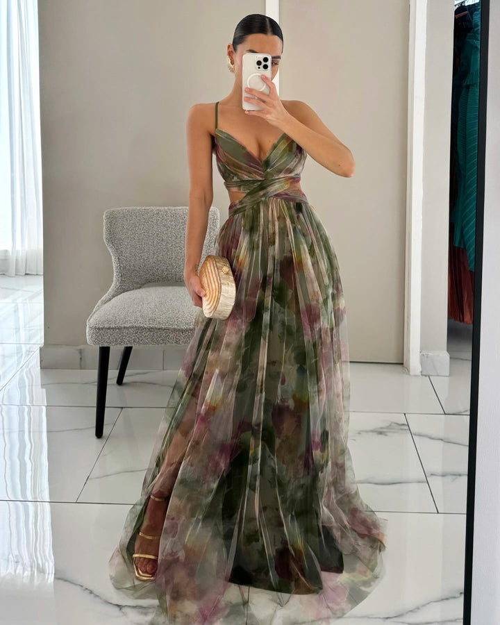 Elegant floral maxi dress for women, a beautiful spaghetti strap V-neck wedding guest or prom gown.