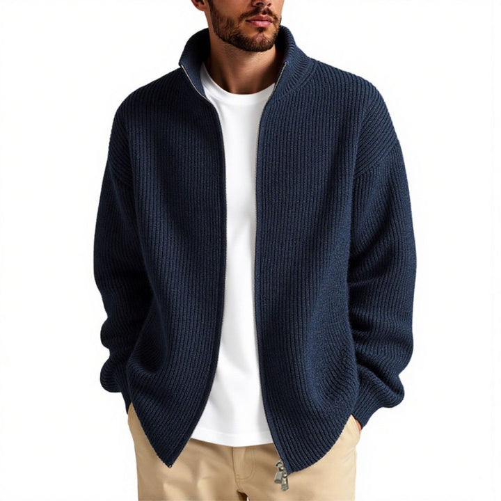 Cozy men's high collar knit cardigan with full zipper, ideal for modern layering and fall outfits.