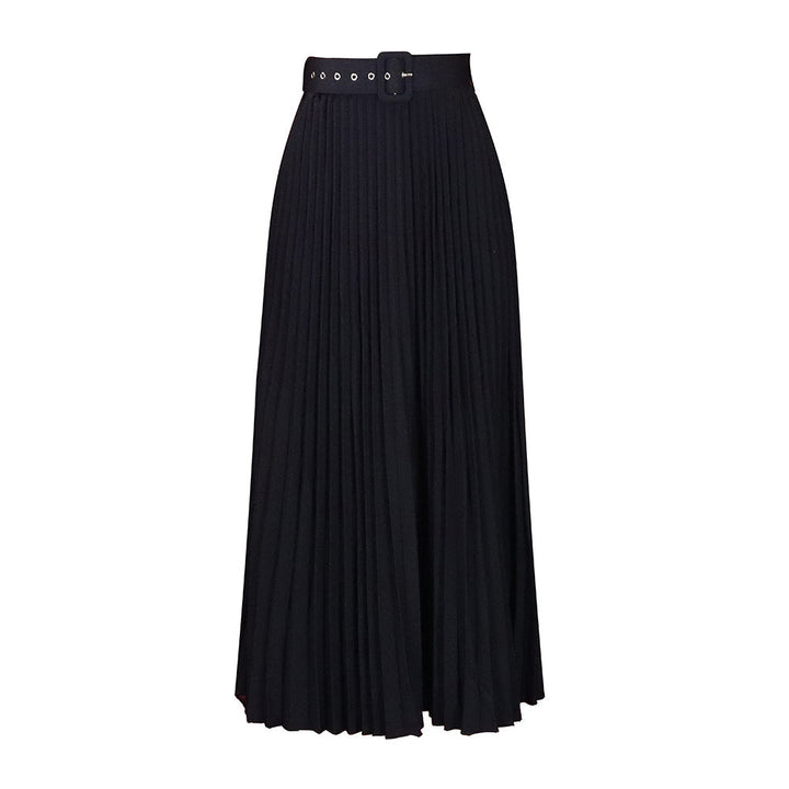 Modest women's pleated midi skirt with a comfortable waist fit and a chic removable belt.