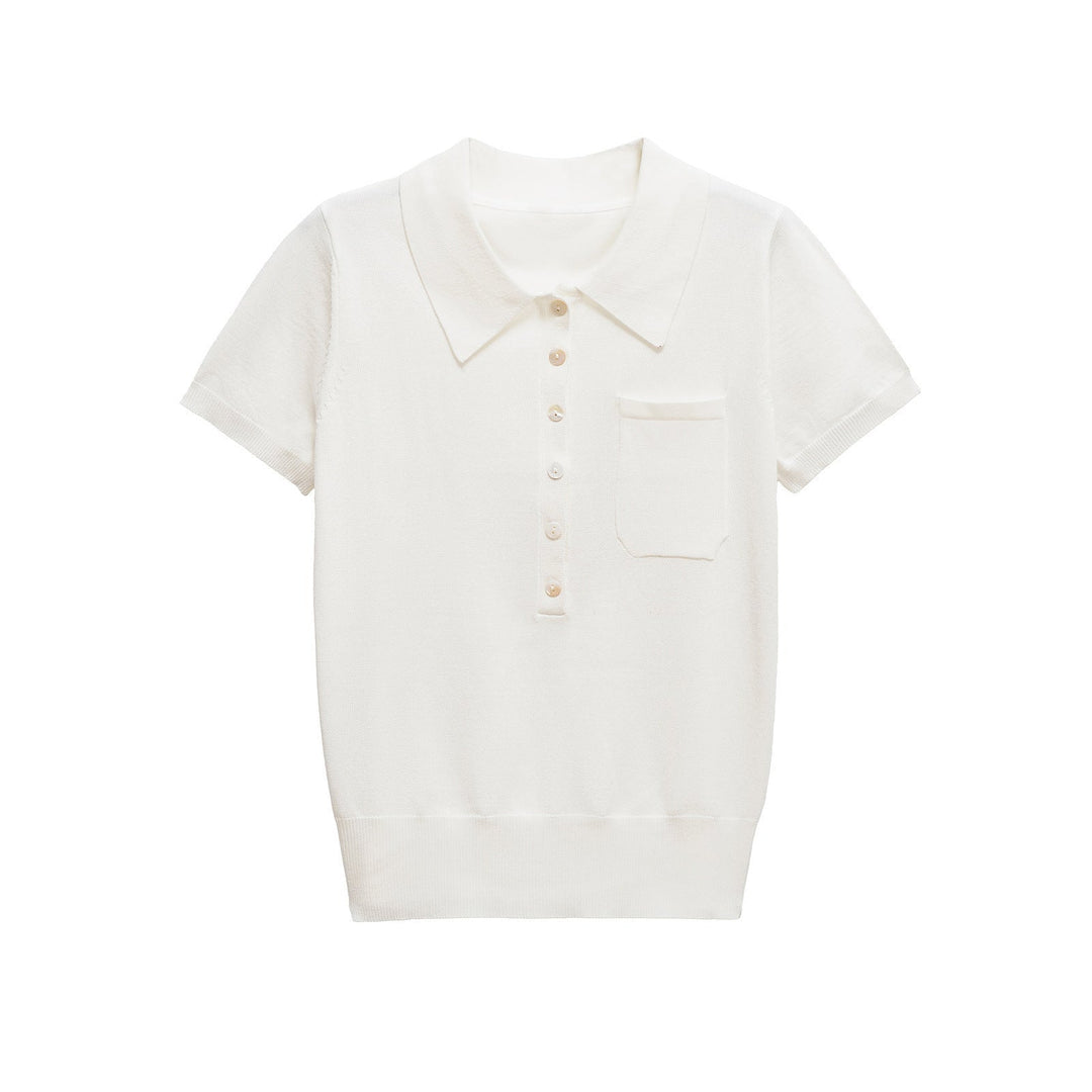 Front view of a women's classic button polo top, slim fit short sleeve, perfect for versatile styling.