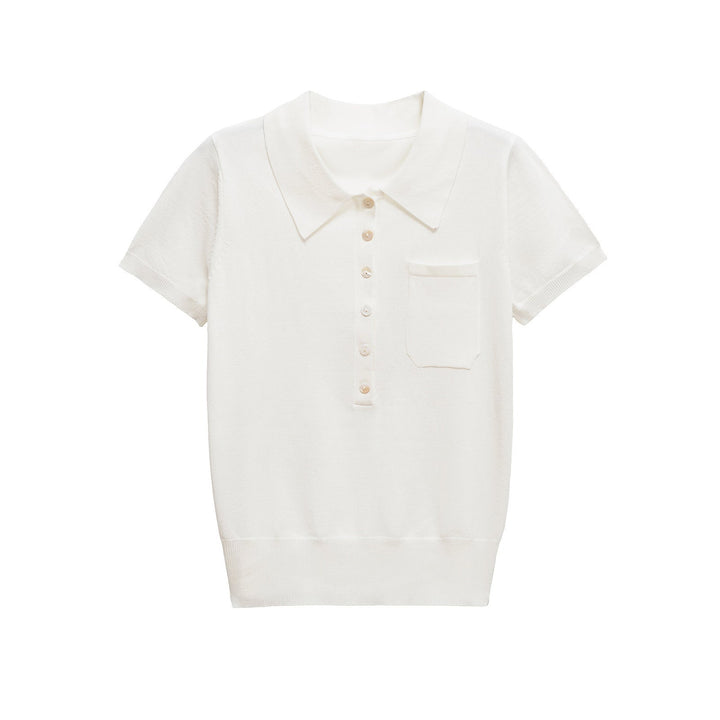 Front view of a women's classic button polo top, slim fit short sleeve, perfect for versatile styling.