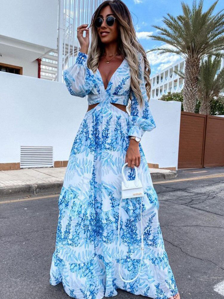 Elegant women's V-neck maxi dress with a chic ruffled hem. Long, flowy design for summer fashion.