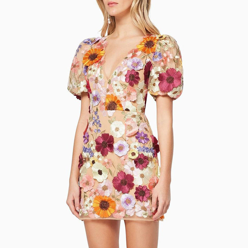 Elegant women's midi bodycon dress with intricate 3D flower embroidery & stylish lantern sleeves.