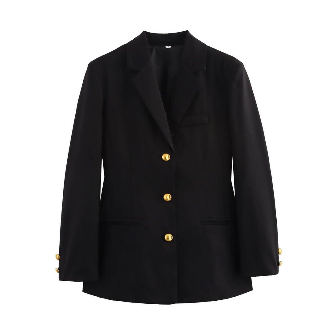 Sophisticated women's tailored blazer with gleaming gold buttons. A classic professional jacket for a smart, elegant look.