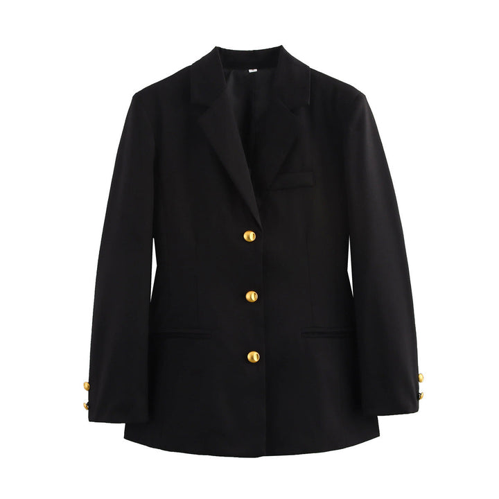 Sophisticated women's tailored blazer with gleaming gold buttons. A classic professional jacket for a smart, elegant look.