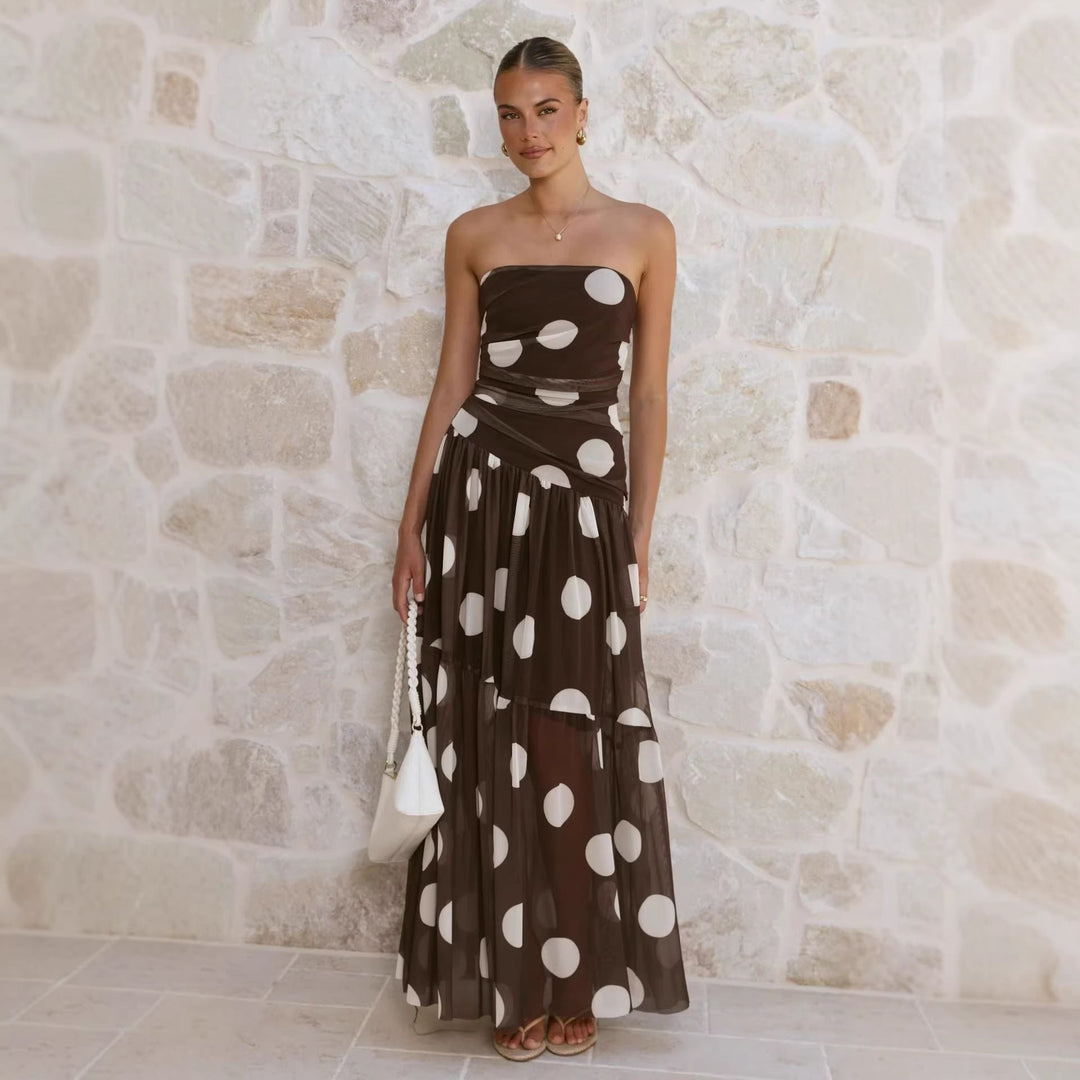 Feminine off-shoulder polka dot maxi dress, versatile for summer vacation, casual outings, or elegant parties.