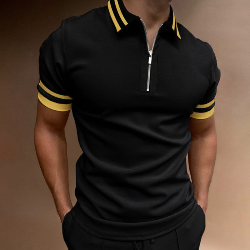 Men's casual zip polo shirt, short sleeve. Designed for modern style & comfort. A versatile collared top for summer.