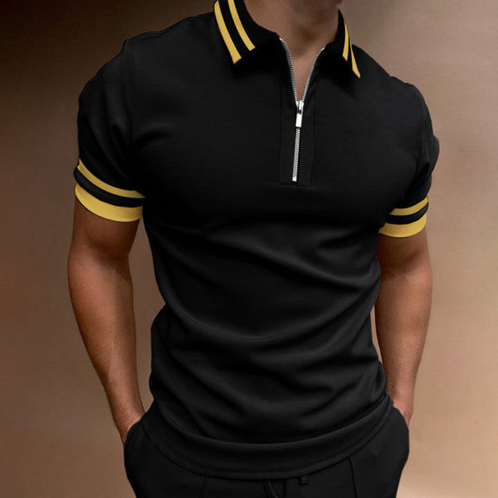 Men's casual zip polo shirt, short sleeve. Designed for modern style & comfort. A versatile collared top for summer.