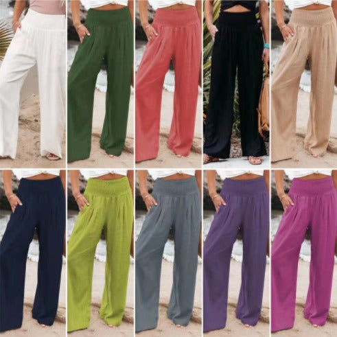 Women's effortless wide leg pants with comfy elastic waist, relaxed fit for casual spring/summer style.
