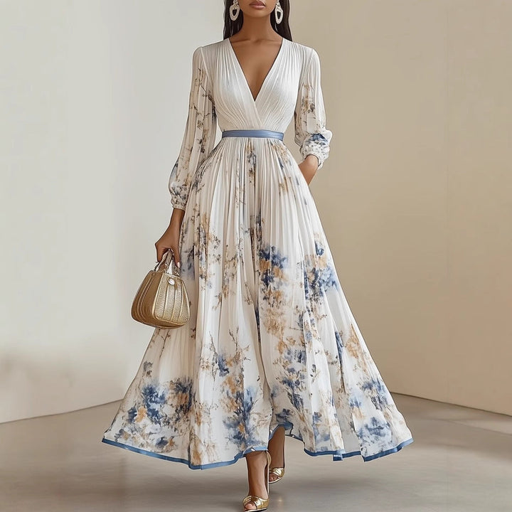 Elegant women's floral V-neck maxi dress with long puffed sleeves. Perfect for special occasions & evening parties.