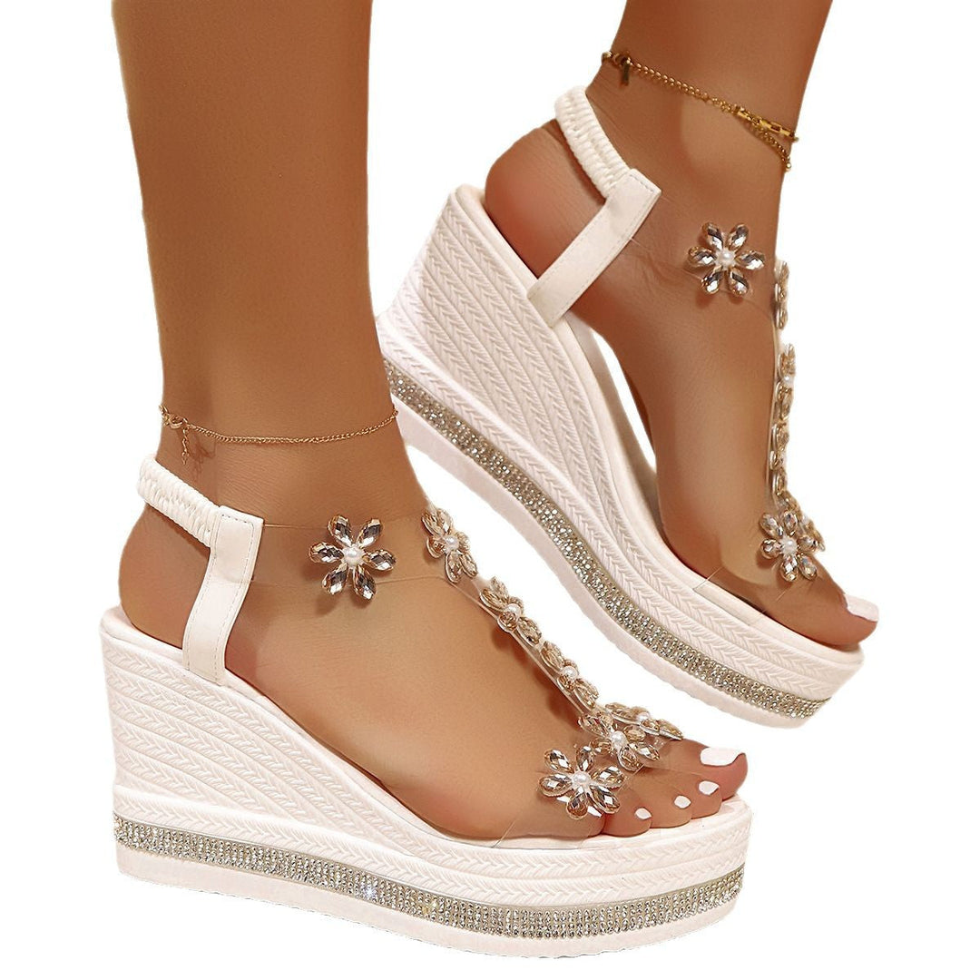 Elegant floral wedge sandals for women, stylish and comfortable summer party or vacation footwear.