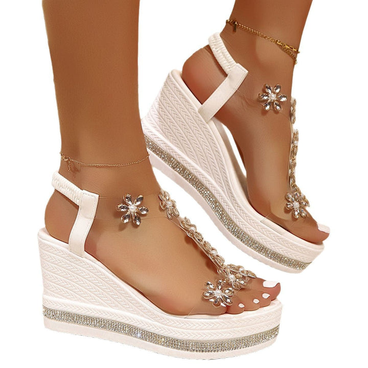 Elegant floral wedge sandals for women, stylish and comfortable summer party or vacation footwear.