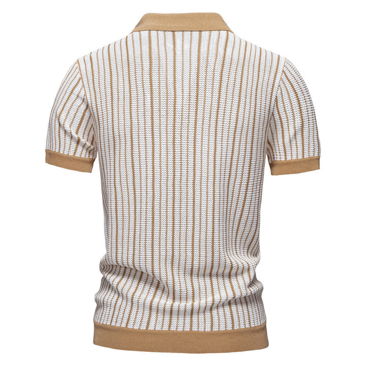Fashionable men's short sleeve knit polo shirt with vertical stripes, offering a relaxed fit for comfortable summer wear.