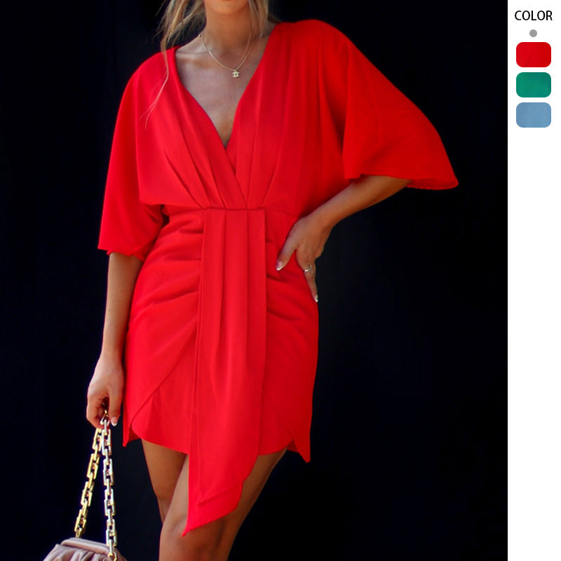 Elegant women's V-neck wrap dress with voluminous sleeves, perfect for parties & cocktails.