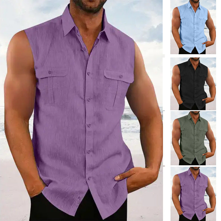 Men's sleeveless button-down shirt with chest pockets, perfect for a casual summer look.