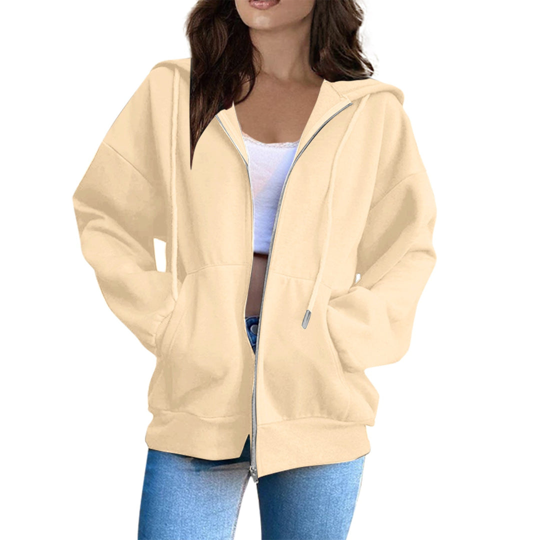 Modern women's oversized hooded jacket, perfect for a cozy & stylish casual look.