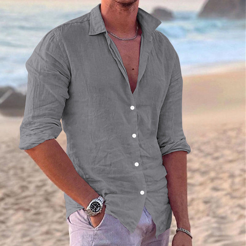 Blue men's lightweight casual shirt. Button-down, long sleeve, for summer style and everyday comfort.