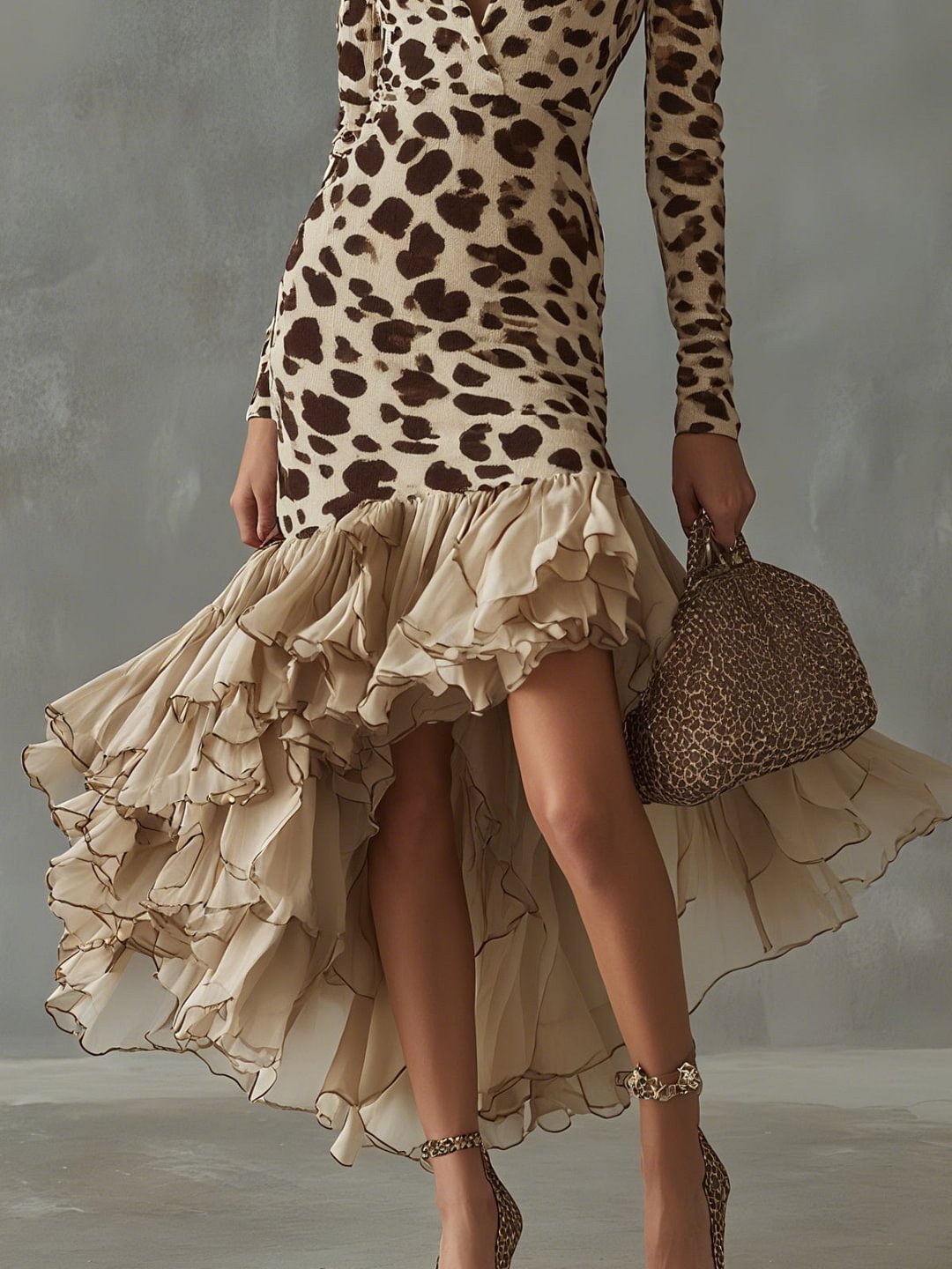 Elegant women's midi ruffle dress with a bold animal print, long sleeves, and a flattering v-neck design.