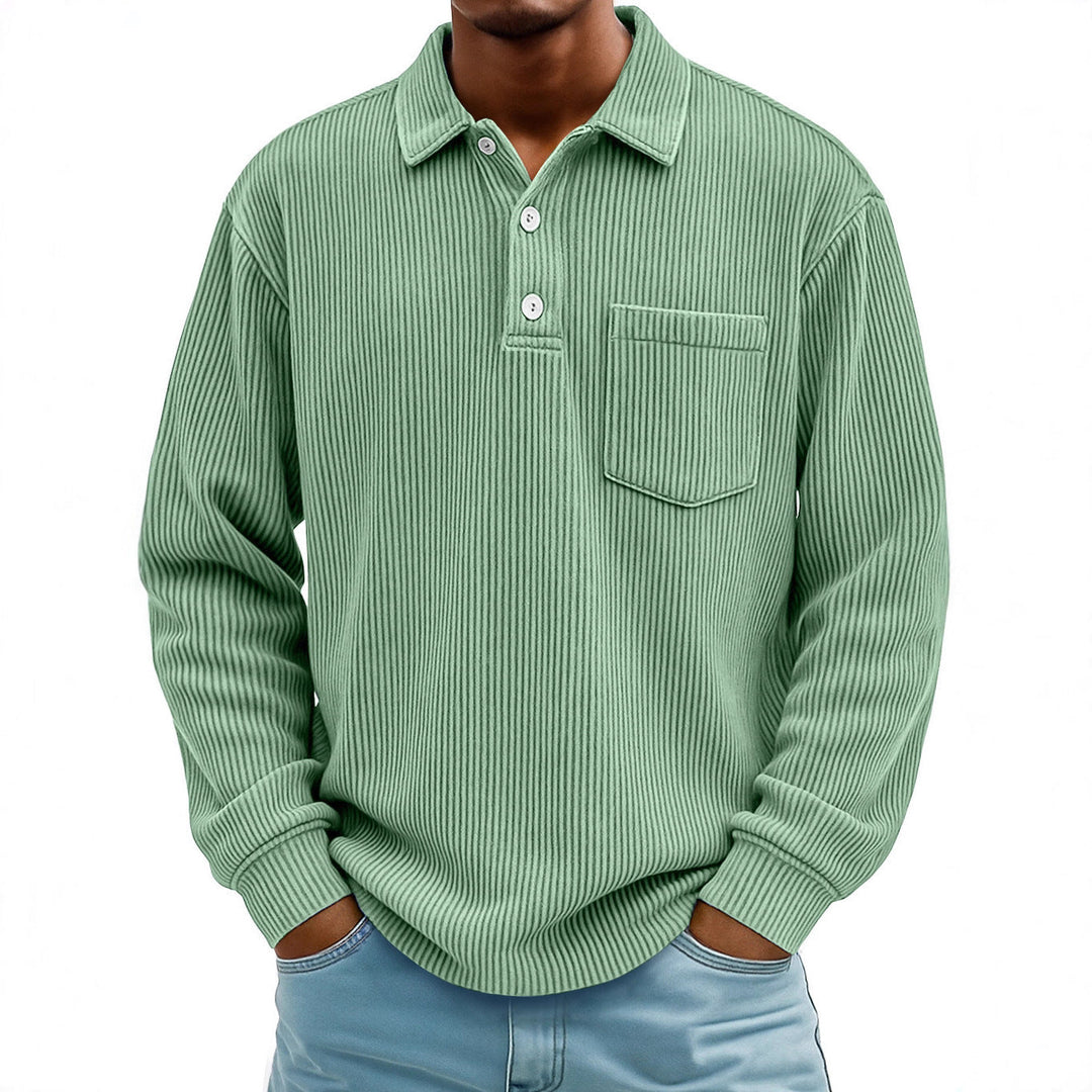 Textured long sleeve men's polo with button placket, perfect for smart casual wear.