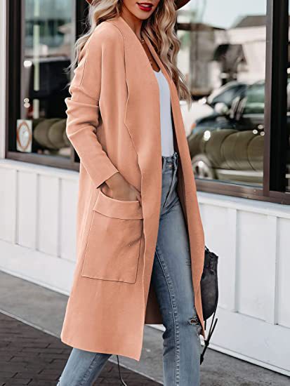 Soft women's long open front cardigan with convenient pockets, perfect everyday wear.