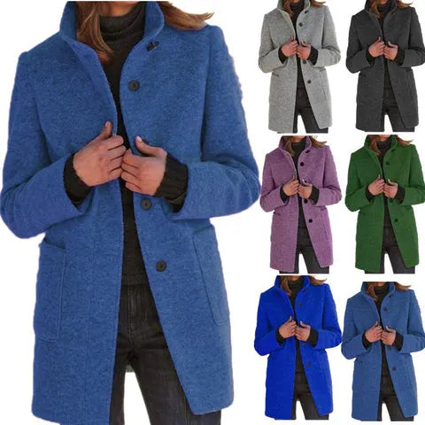 Elegant women's long coat in classic style, perfect for timeless fashion and versatile outerwear. Button closure.