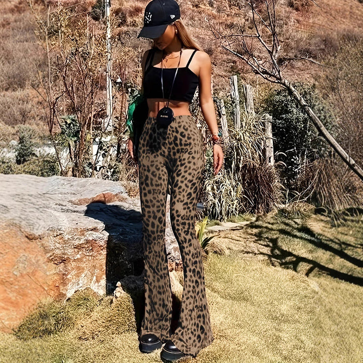 Flattering fit of women's leopard print flared leggings, trendy & comfortable animal print pants.