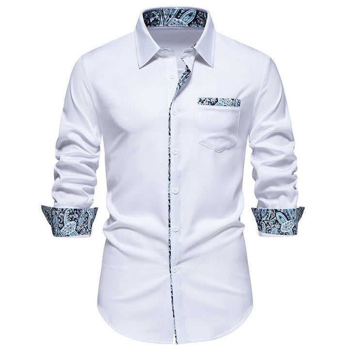 Fashionable men's white long sleeve dress shirt, eye-catching paisley collar & cuffs. Ideal for formal & smart casual looks.