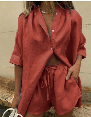 Enjoy summer comfort in this women's two-piece casual button top and shorts set.
