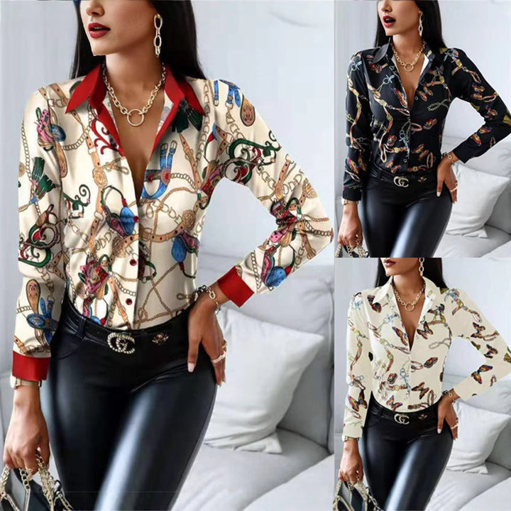Women's artistic print button-up blouse, long sleeve, elegant & versatile for office or casual wear.