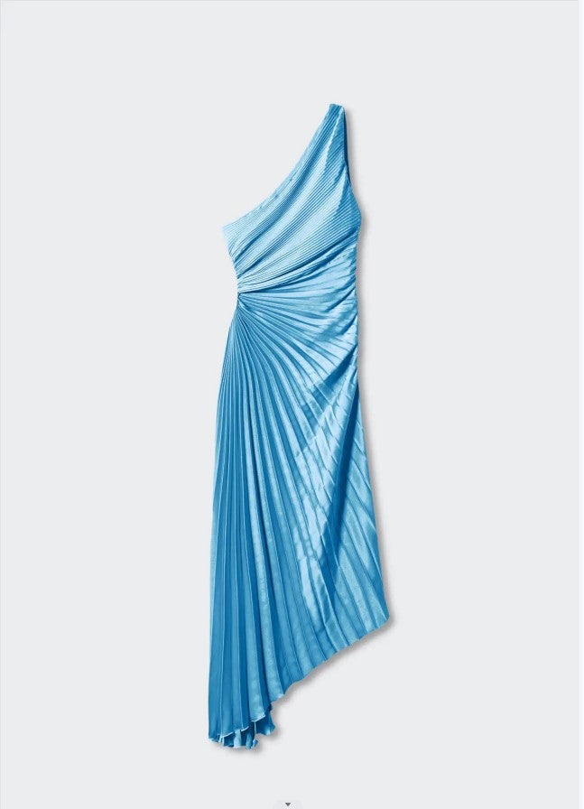 Women's asymmetrical pleated cocktail midi dress, elegant and glamorous.