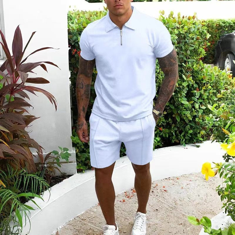 Full view of men's zip-up polo shirt and matching shorts set, a comfortable summer casual ensemble.