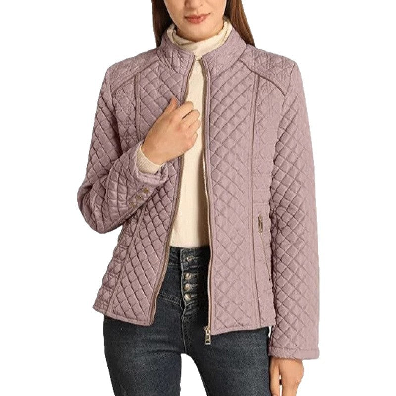 Trendy women's casual jacket, a high-collar quilted puffer, essential for modern fall outerwear.