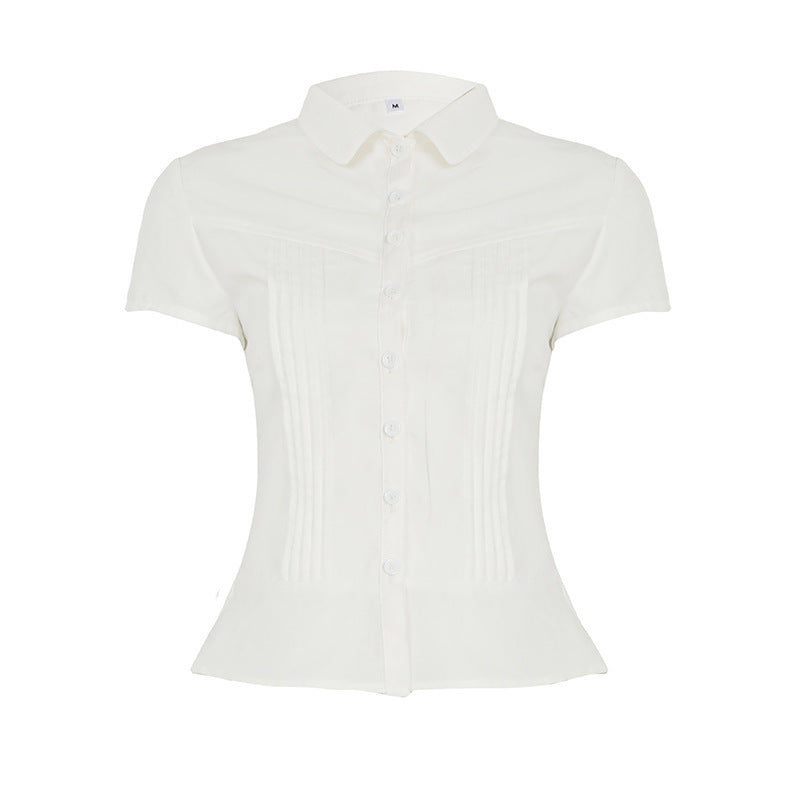 Women's short sleeve button-up shirt, a chic & elegant blouse for work attire or casual summer style.