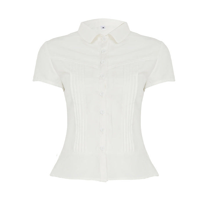 Women's short sleeve button-up shirt, a chic & elegant blouse for work attire or casual summer style.