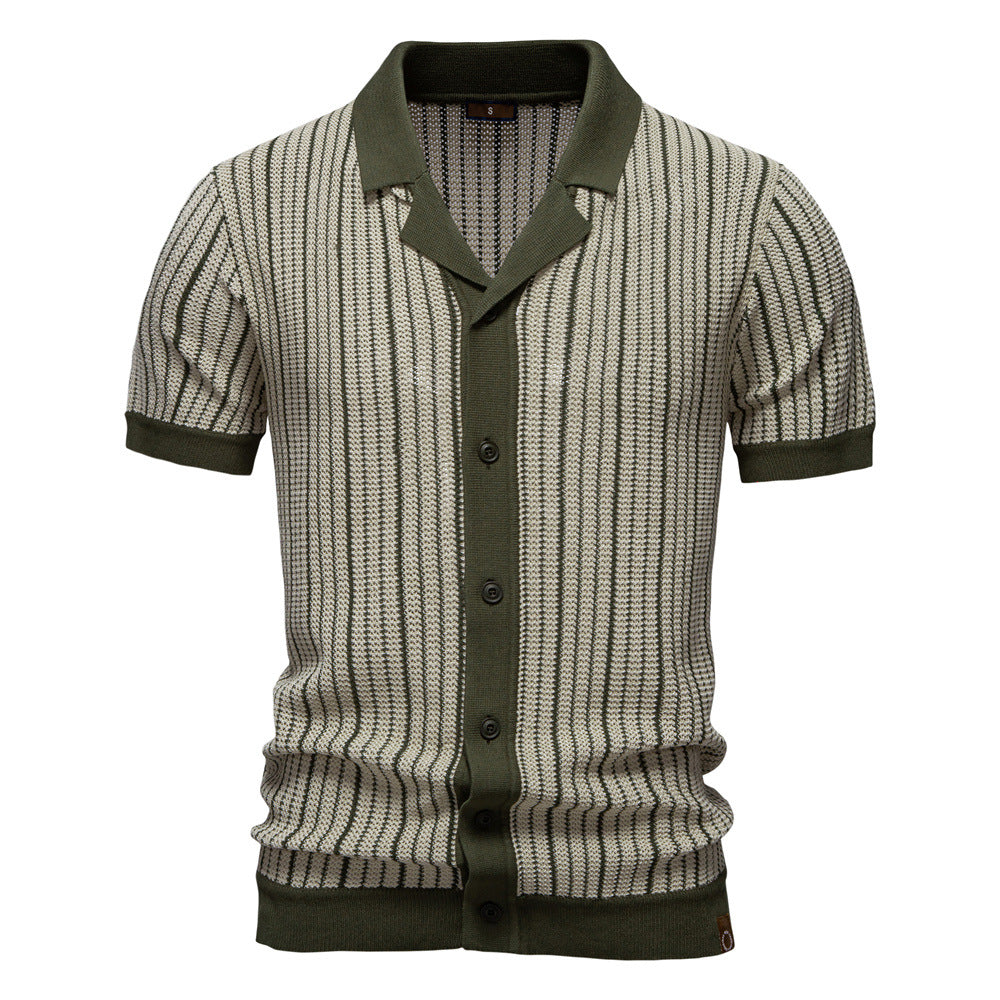 Relaxed fit men's knit polo with stylish vertical stripes, short sleeves, and button-up design for smart casual looks.