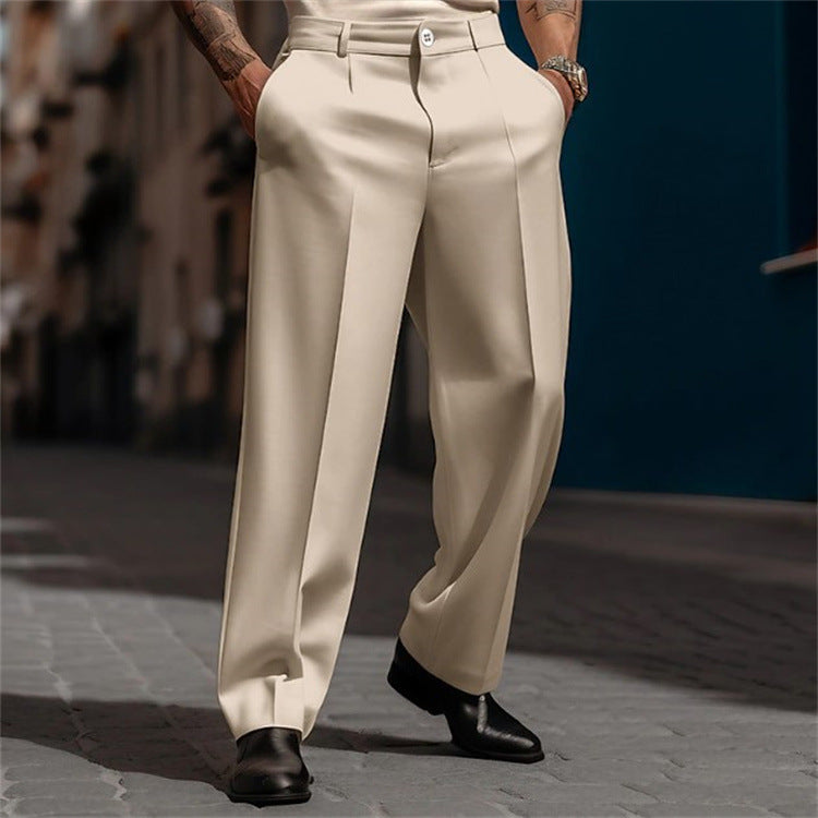 Modern men's wide-leg suit pants with a flattering high-waisted silhouette for versatility.