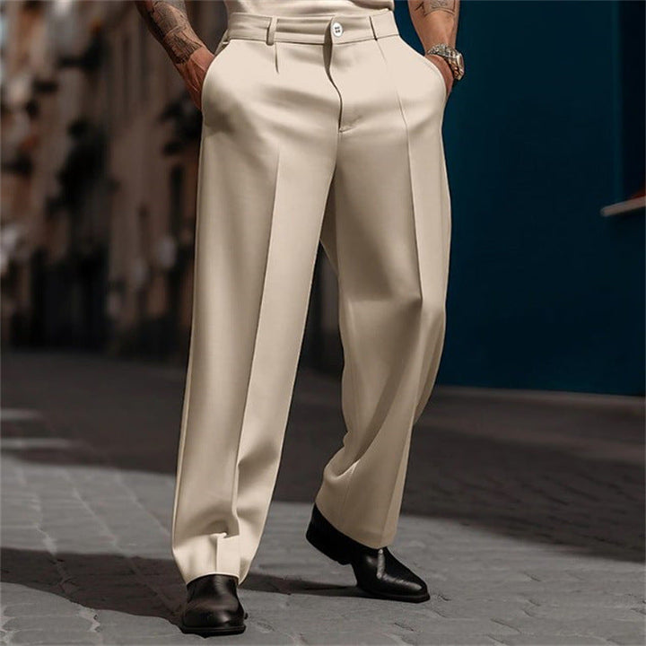 Modern men's wide-leg suit pants with a flattering high-waisted silhouette for versatility.