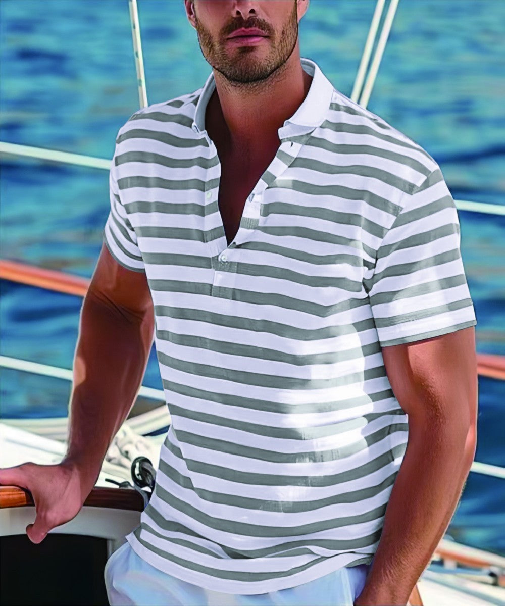 Men's striped polo, stand-up collar. Short-sleeve top for everyday wear and smart casual occasions.